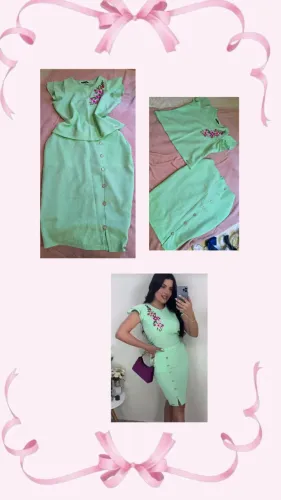 conjunto de saia midi e blusa verde claro com detalhes bordados