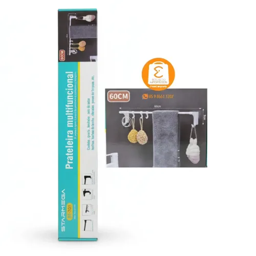 Suporte Porta Toalha Multiuso Para Banheiro E Cozinha Com Ganchos 60CM