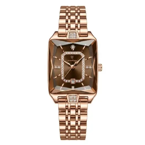 Relógio Poedagar Movimento Quartzo Feminino Rosé Marrom Pulseira Aço MD785 (Original)