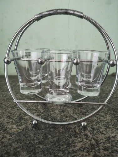 Kit copos de dose com suporte - porta shot em metal e vidro