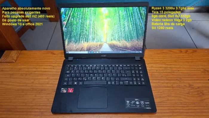 Notebook Acer, Ryzen 3, impecável, 8gb ddr4 e ssd 512gb, aceito cartão