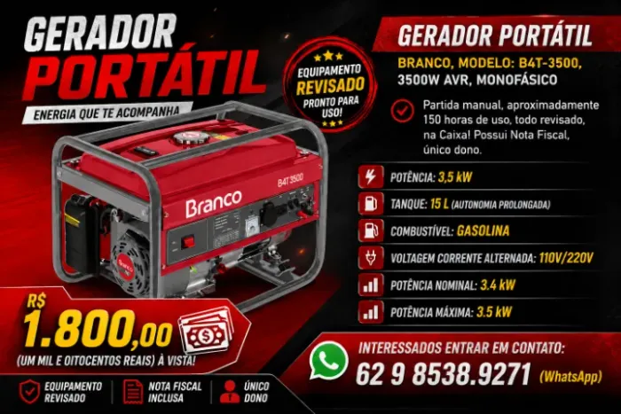 GERADOR PORTÁTIL BRANCO, MODELO: B4T-3500 - USADO