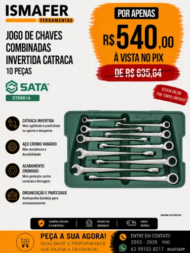 JOGO DE CHAVES COMBINADAS INVERTIDA CATRACA 10 PEÇAS SATA - ST08016