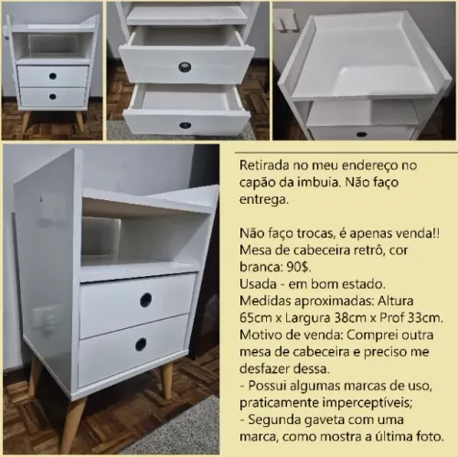 Mesa de cabeceira retrô branca, bom estado