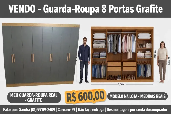 Guarda-Roupa Grande 8 Portas Grafite (Excelente Estado / Motivo Mudança)