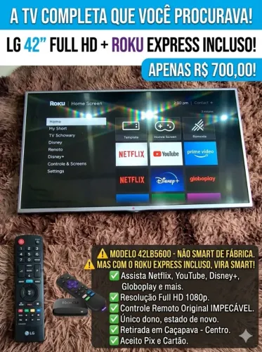 TV LG 42" FULL HD + APARELHO ROKU EXPRESS (Vira Smart Completa!)