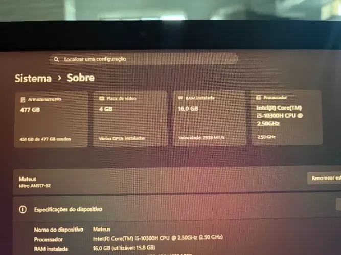 Notebook Acer Nitro AN517-52 Intel i5 16Gb ram, 512GB SSD, placa de video 4GB
