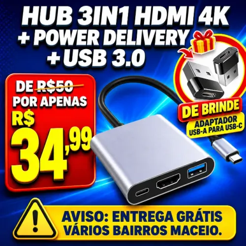 Hub USB-C + USB c/ 3in1 HDMI 4K + USB 3.0 - PD ? funciona em USB e Tipo-C