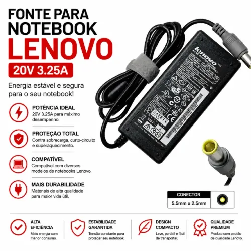 Fonte De Notebook Lenovo 20v 3.25a