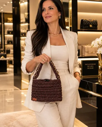 Bolsa em crochê marrom feita a mão exclusiva.