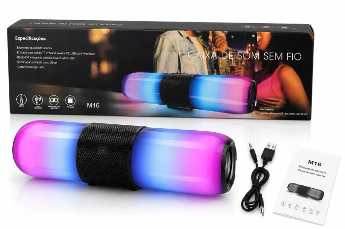 CAIXA DE SOM BLUETOOTH PORTÁTIL M16 COM LED RGB + TECNOLOGIA TWS