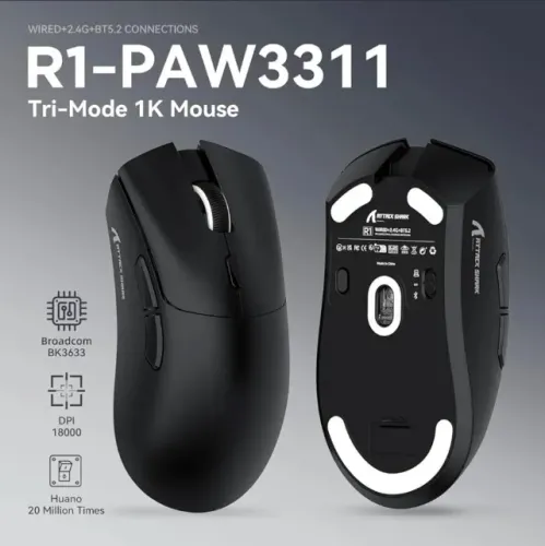 Mouse Gamer Sem Fio Attack Shark R1 - 18000 Dpi - 55g - Tri-mode - Sensor Paw3311 - Preto