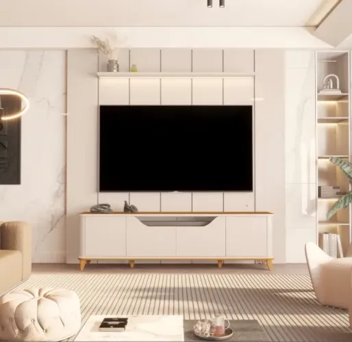 Conjunto Painel e Rack Salerno 219 Off White e Cedro