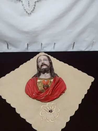 Antigo Estatueta Do Sagrado Coração De Jesus De Gesso