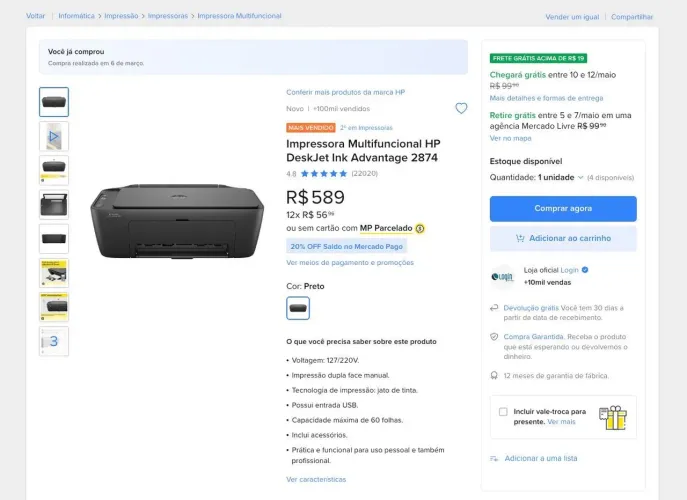 Impressora Multifuncional HP DeskJet Ink Advantage 2874