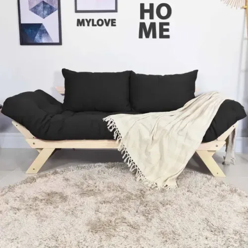 Sofá Cama Reclinável Futon Japão - Madeira Sem Pintura Tecido Sarja Cor Preto NOVO