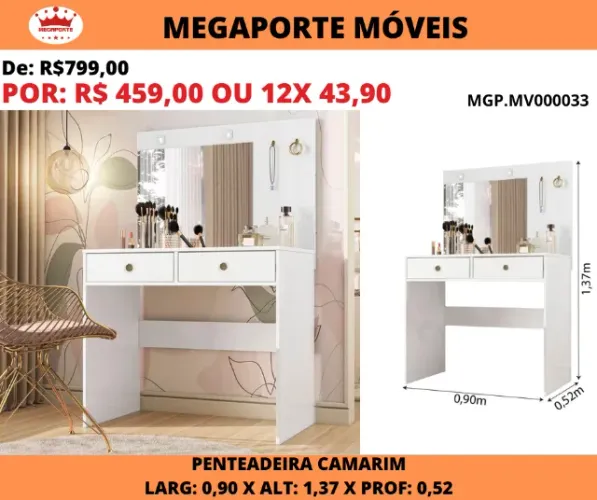 Penteadeira Camarim 0,90cm com 2 Gavetas