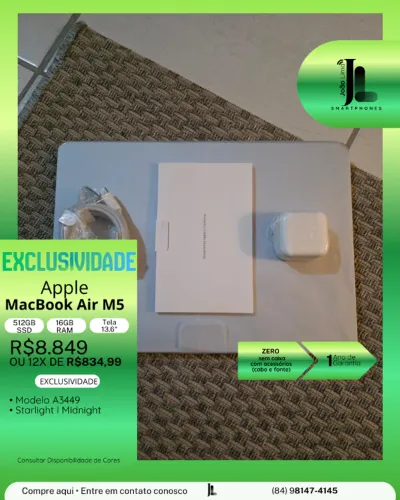 MACBOOK AIR M5, 512GB, 16GB RAM, TELA 13.6 POL., ZERO, SEM CAIXA, LANÇAMENTO!