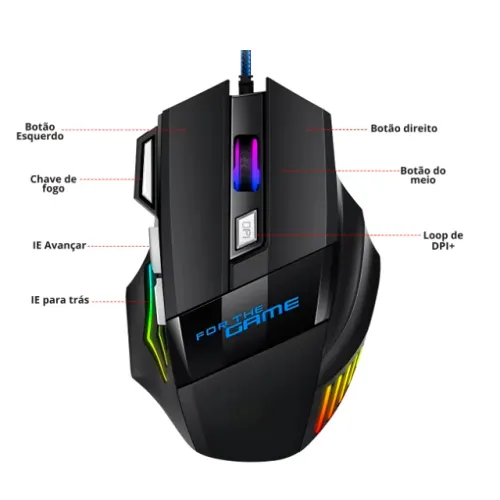 Mouse Gamer USB Optcial Mice Ergonômico Profissional 7 Botões 5500 DPI com LED