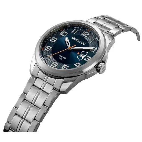 Relógio Masculino Seculus Aço Prata Mostrador Azul 46mm