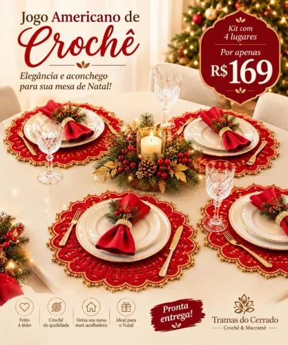 Kit 4 Sousplat de Natal em Crochê Luxo, 40cm