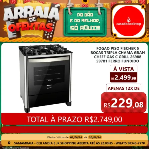 Fogao piso fischer 5 bocas tripla chama gran cheff gas c/ grill  ferro fundido