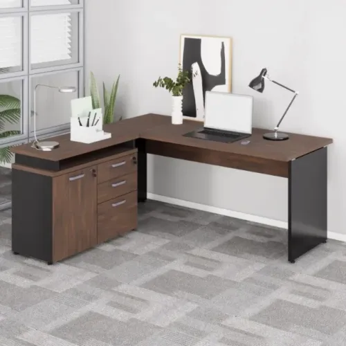 Mesa Escritório em L 1,50x1,50m Extensível com Armário Misto 3 Gavetas Marsala Preto 23482