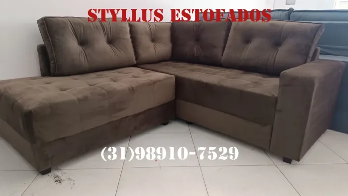Sofá de Canto em Suede Marrom - Novo
