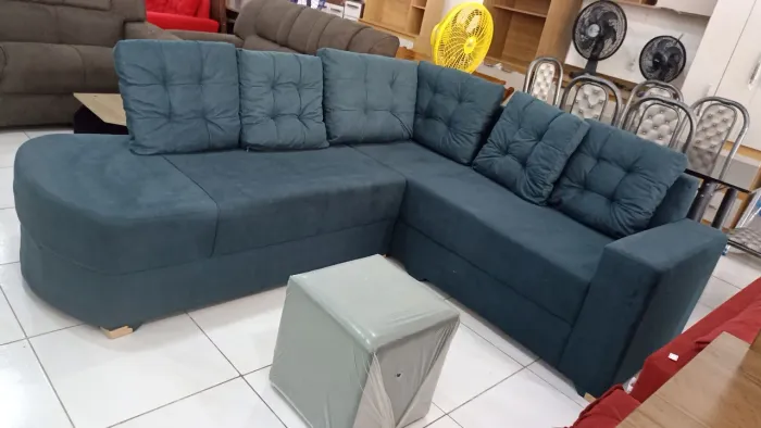 Sofá de Canto em Suede Azul - Novo!