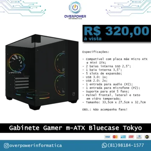 Gabinete gamer aquário full glass Tokyo, sem fan, sem fonte, preto
