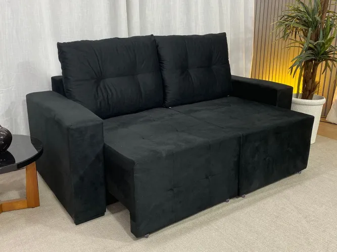 Sofá Retrátil 2 Lugares Almofadas Soltas 180cm Preto