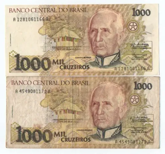 2 Cédulas Antigas de 1.000 Mil Cruzeiros - Cândido Rondon - 1990