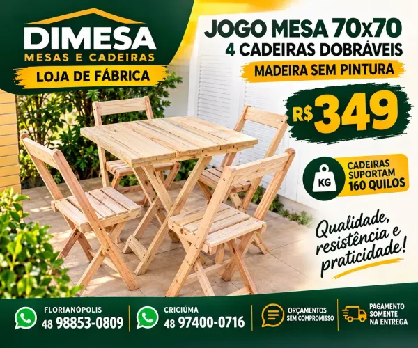 MESA 70x70 + 4 CADEIRAS DOBRÁVEIS ? MADEIRA MACIÇA |