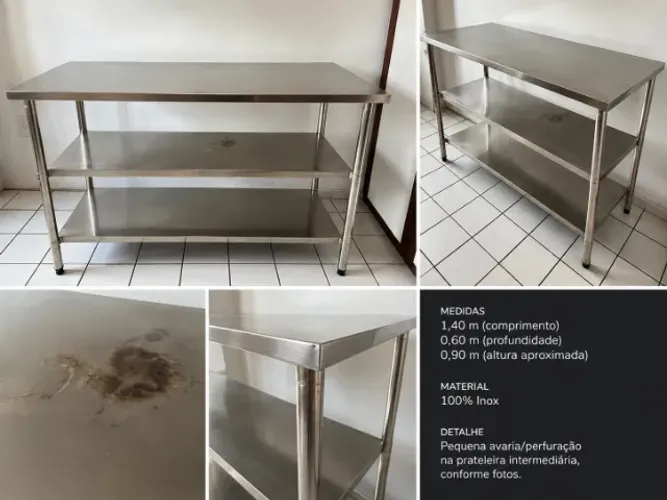 Mesa/Bancada Industrial 100% Inox 1,40 x 0,60 m - 3 níveis