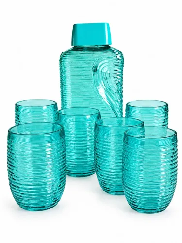 Conjunto Jarra + 6 Copos Cisper Anos 80/90 Vidro Azul Turquesa Retrô Antigo Completo