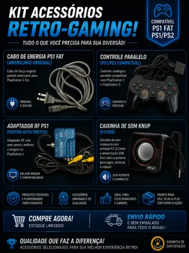 Play 2 - PS2 - Kit Acessórios PS1 Fat - Cabo de força Original, Controle, RF e Caixinha d