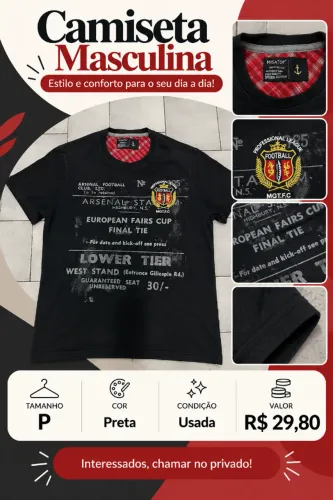 Camiseta Preta Estampada Manga Curta Tamanho P