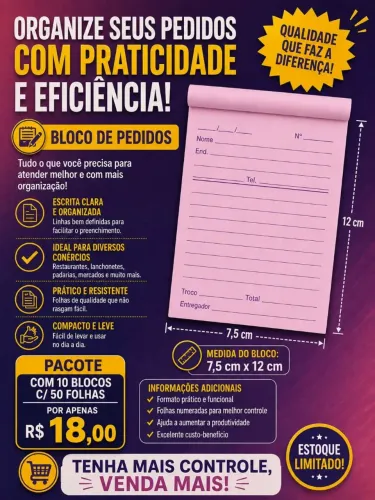 Bloco de Pedidos 7,5x12 cm (Pacote com 10 blocos)