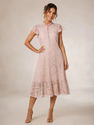 Vestido Midi Rosé em Renda Guipir Tam. M - Elegante e Sofisticado