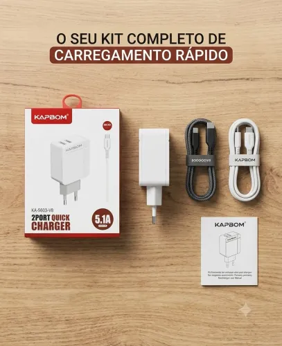 Kit Carregador Turbo Kapbom 5.1A Rápido Dual USB KA-5603 V8 + Tipo-C