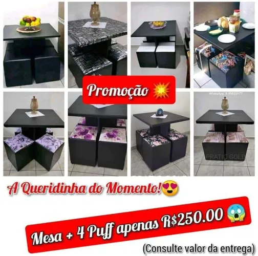 Mesa + 4 puffs R$250,00<br>Apenas 250.00<br>
