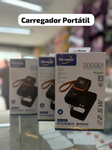 Carregador Portátil Power Bank Capacidade: 30.000 mAh, ideal para múltiplas recargas