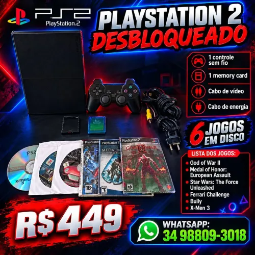 Playstation 2 completo com controle sem fio