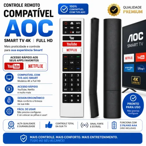 Controle Compatível TV Aoc Smart 4k Full Hd YouTube Netflix