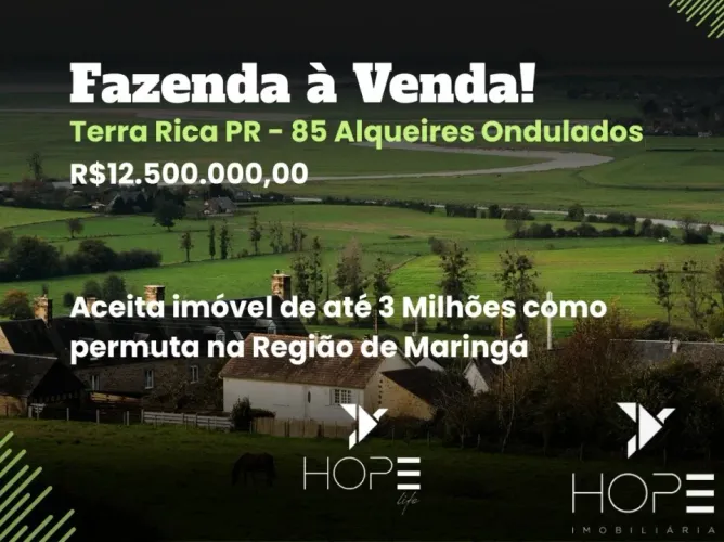 Fazenda à venda com 85 alqueires - região de Guairaçá Terra Rica - casa sede e estrutura r