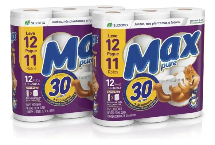 KIT 2 PACOTES PAPEL HIGIÊNICO MAX PURE 24 ROLOS 30 M