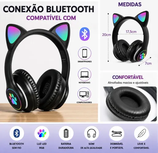 Fone Bluetooth Gatinho LED RGB