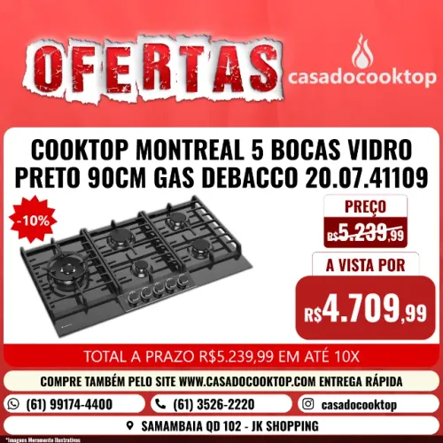 COOKTOP MONTREAL 5 BOCAS VIDRO PRETO 90CM GAS DEBACCO 20.07.41109