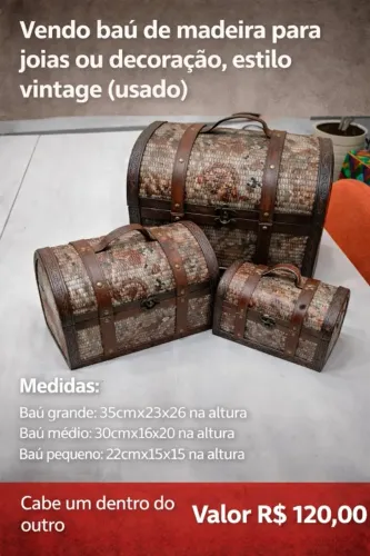 Bau de Madeira Vintage Usado para Joias ou Decoração