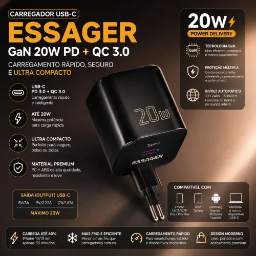 Carregador USB-C Essager GaN 20W PD QC 3.0 Original